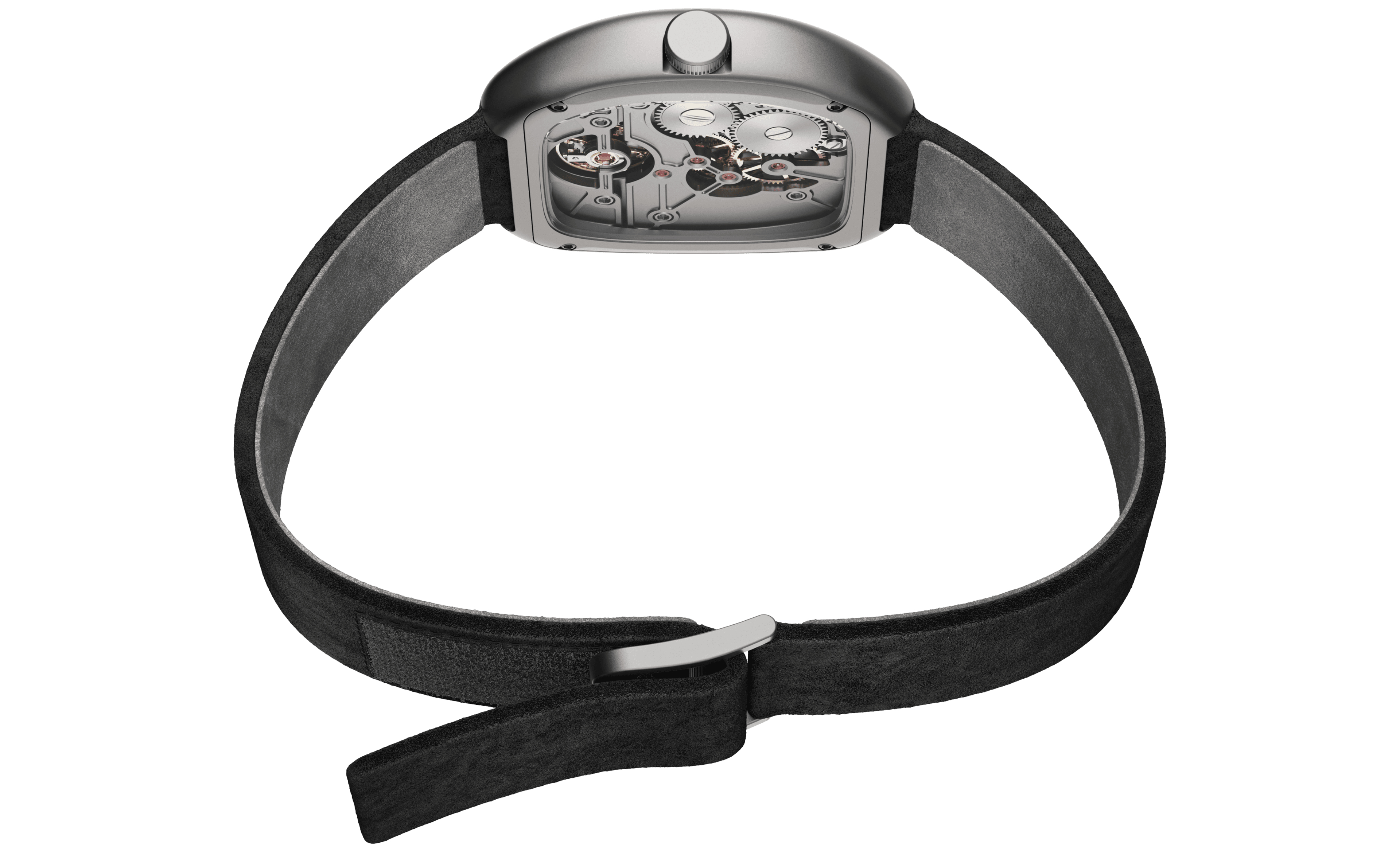 Rear view of a skeleton mechanical watch with a cushion-shaped titanium case, exposing the movement through a transparent caseback. Ruby jewels, a large gear train, and machined bridges are visible. The watch sits on a black suede strap with a polished folding clasp, photographed against a white background.