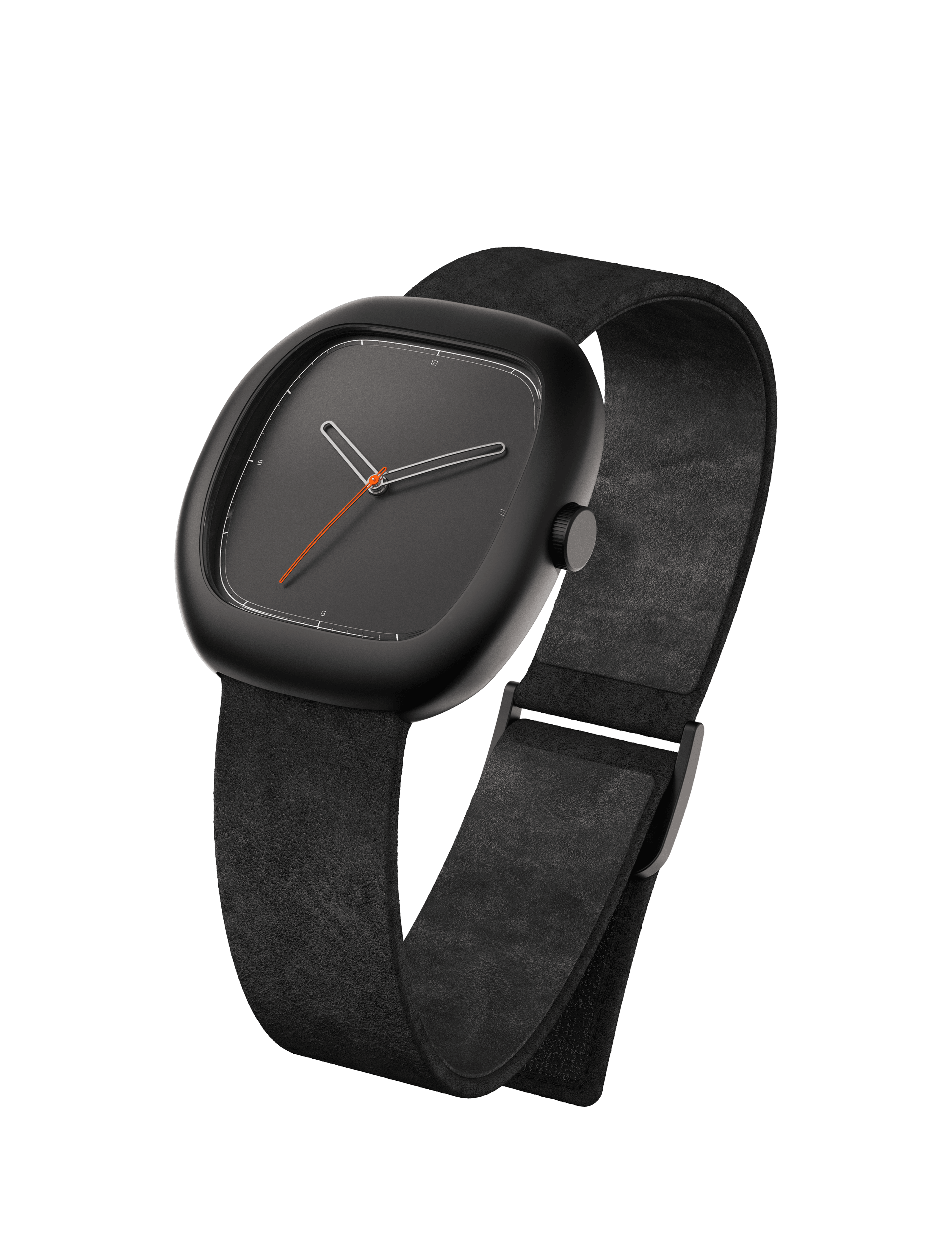 Front three-quarter view of the same cushion-shaped watch in an all-black colourway against a white background. The case, dial, crown, and folding clasp are finished in deep matte black, creating a near-tonal composition. The dark grey dial retains the open-loop hand design in a matching dark finish, with the slim orange seconds hand providing the only colour contrast. The wide black suede strap shows the same lug-free integrated form. The overall effect is more stealth and graphic than the titanium version.