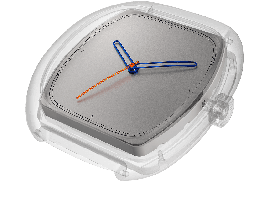 Cutaway render of a cushion-shaped watch showing the relationship between the transparent outer case and the inner titanium dial. The see-through case reveals the sealed air gap between the crystal and dial surface, illustrating the watch's water resistance construction. The matte grey dial features open-loop blue hour and minute hands with an orange seconds hand, set against a minimalist minute track with numerals at 12, 3, 6, and 9. The transparent knurled crown is visible on the right side. White background.