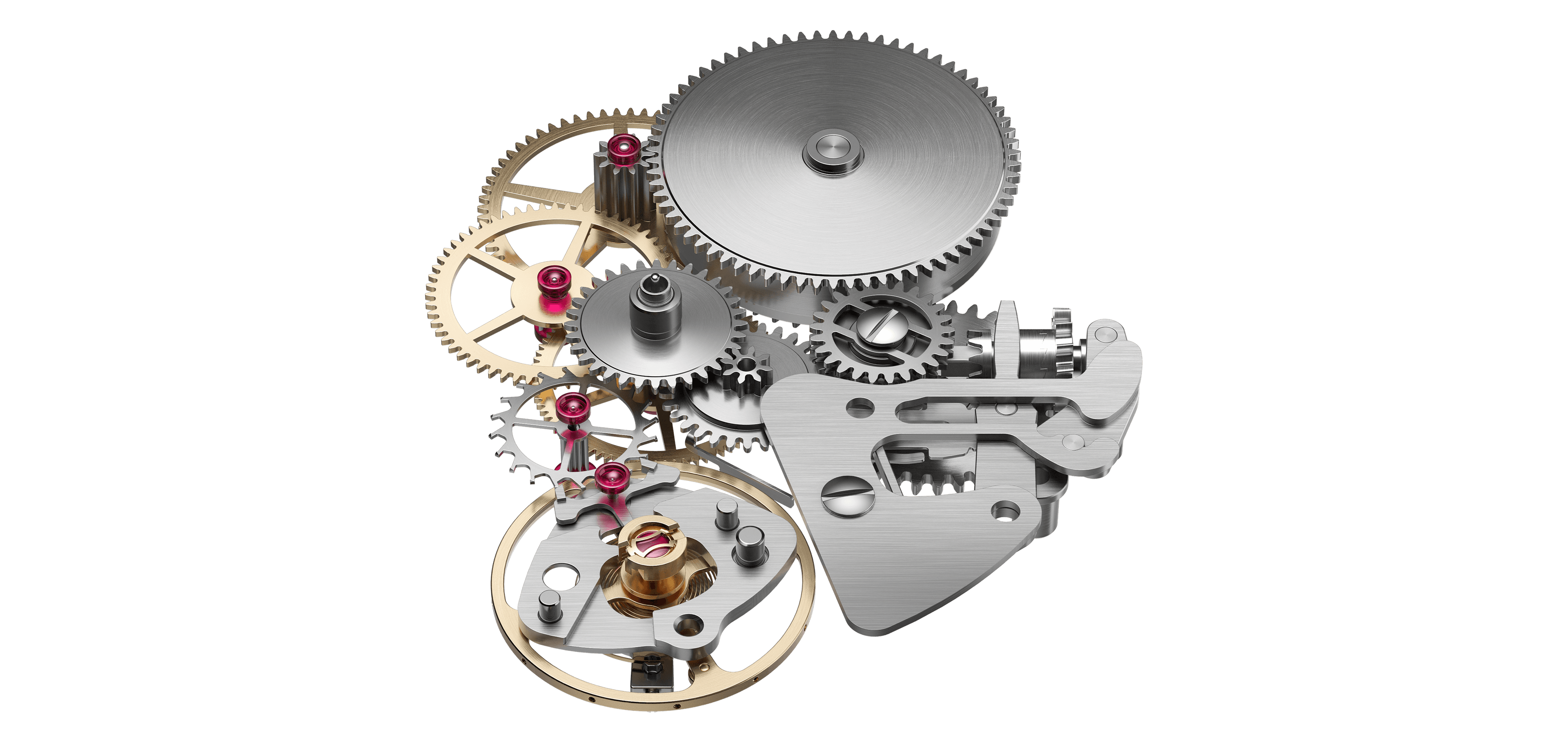 Isolated close-up of a mechanical watch gear train assembly against a white background. The stacked components show a large brushed steel barrel with a circular-grained ratchet wheel at top, meshing into a cascading series of gold and steel pinions and wheels with red ruby jewel bearings. At bottom left, a gold balance wheel with a brass roller jewel and pallet fork is visible. At right, a brushed steel lever plate with a notched locking detent anchors the escapement. The mix of polished gold, brushed steel, and deep red jewels highlights the layered mechanical complexity of the movement.