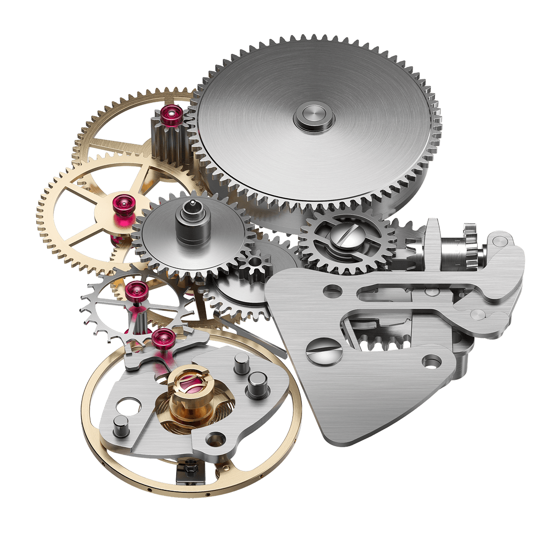 Isolated close-up of a mechanical watch gear train assembly against a white background. The stacked components show a large brushed steel barrel with a circular-grained ratchet wheel at top, meshing into a cascading series of gold and steel pinions and wheels with red ruby jewel bearings. At bottom left, a gold balance wheel with a brass roller jewel and pallet fork is visible. At right, a brushed steel lever plate with a notched locking detent anchors the escapement. The mix of polished gold, brushed steel, and deep red jewels highlights the layered mechanical complexity of the movement.