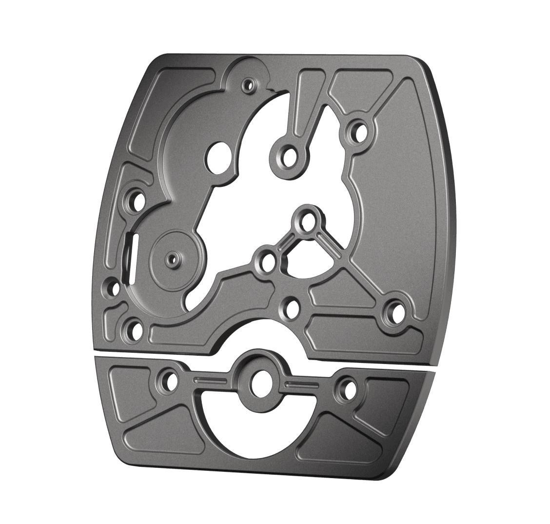 Close-up of a two-piece mechanical watch bridge plate in dark titanium, shown at a slight angle against a white background. The upper section features an open-worked, architectural design with large circular apertures, a three-pronged central spider bridge, and precision-machined channels connecting the bearing seats. The lower section is a separate bar bridge with a large circular cutout and symmetrical screw bosses on either side. The sandblasted matte finish and angular cutouts give the component a structural, industrial aesthetic.