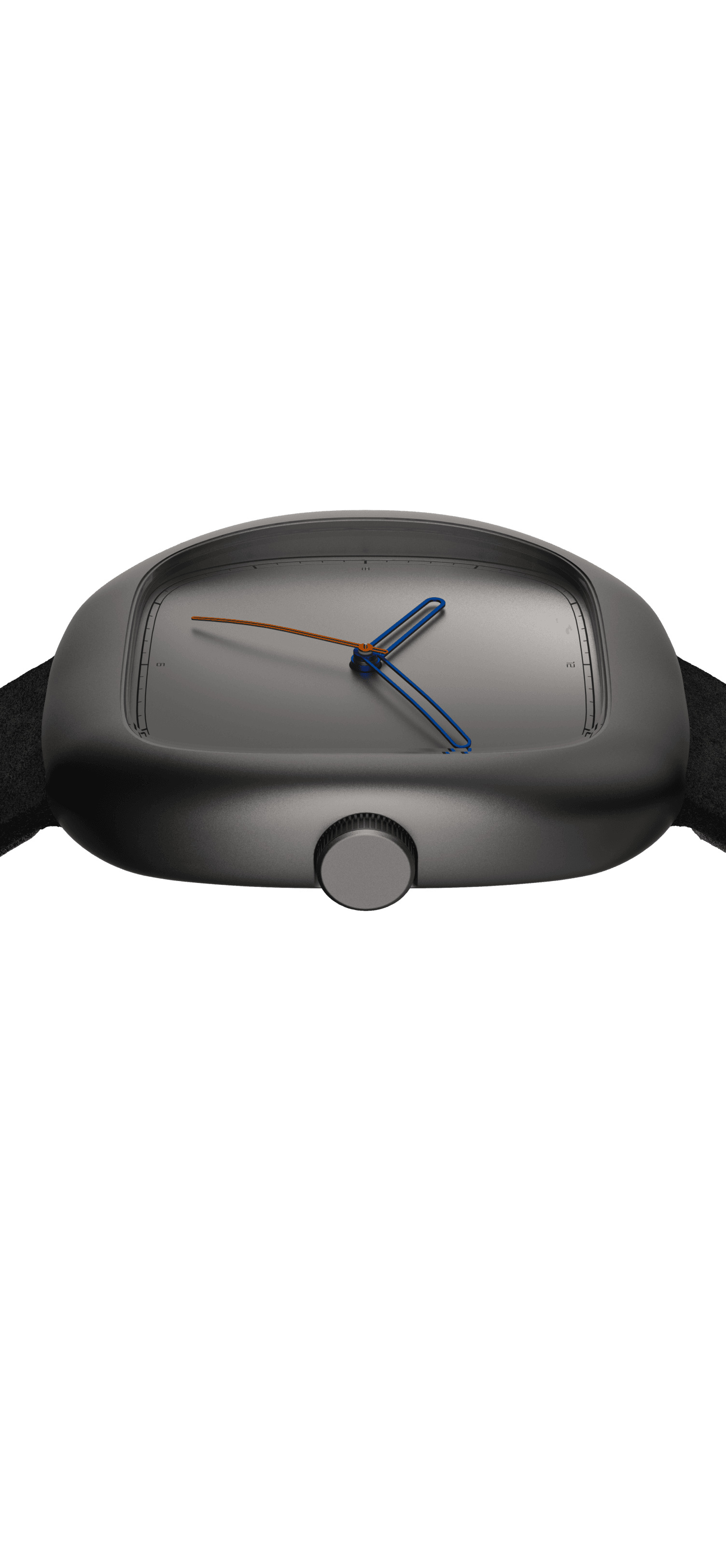 Side view of a sleek wristwatch with a minimalist face, orange hour hand, and blue minute hand on a black strap.