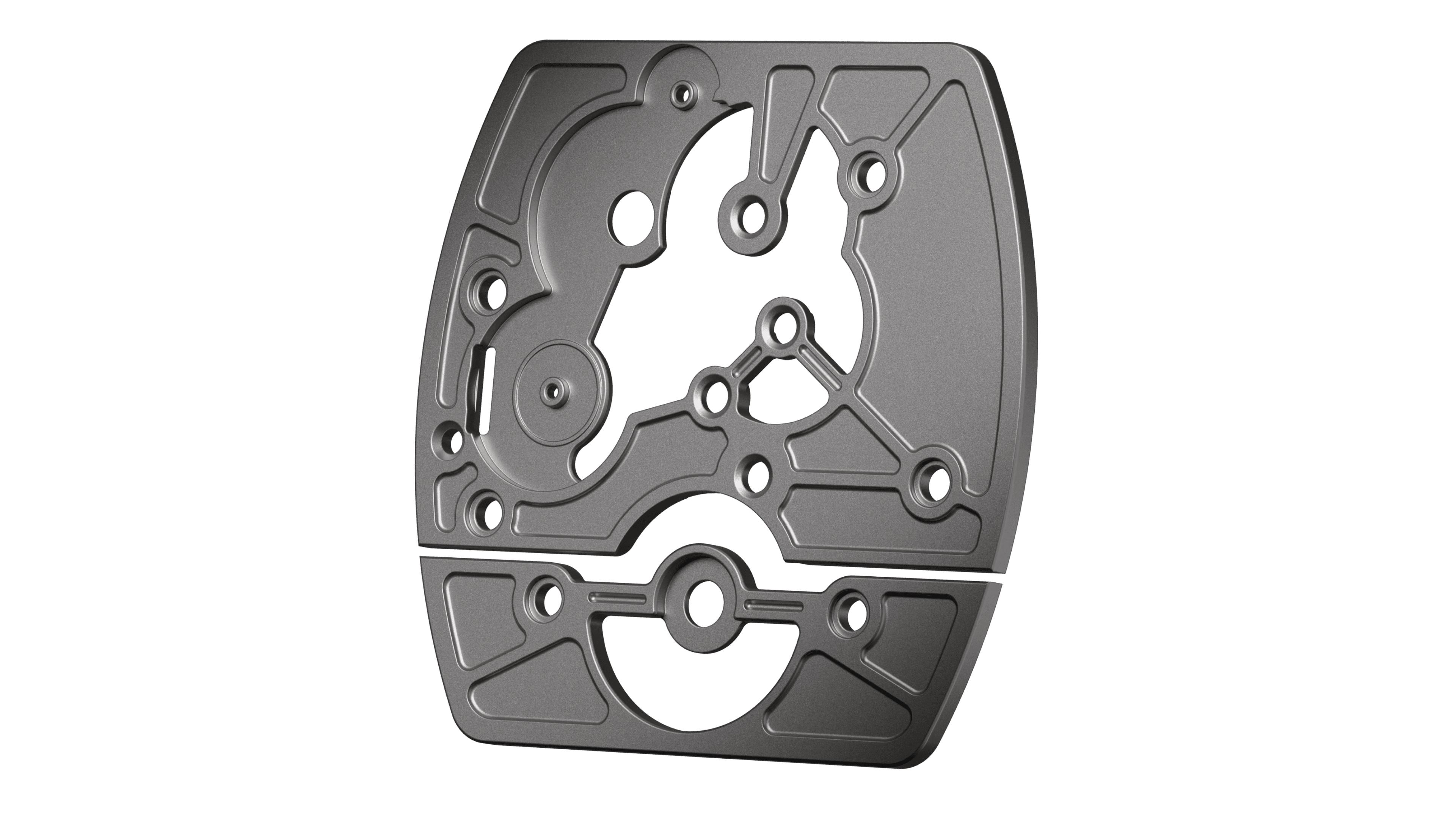 Close-up of a two-piece mechanical watch bridge plate in dark titanium, shown at a slight angle against a white background. The upper section features an open-worked, architectural design with large circular apertures, a three-pronged central spider bridge, and precision-machined channels connecting the bearing seats. The lower section is a separate bar bridge with a large circular cutout and symmetrical screw bosses on either side. The sandblasted matte finish and angular cutouts give the component a structural, industrial aesthetic.