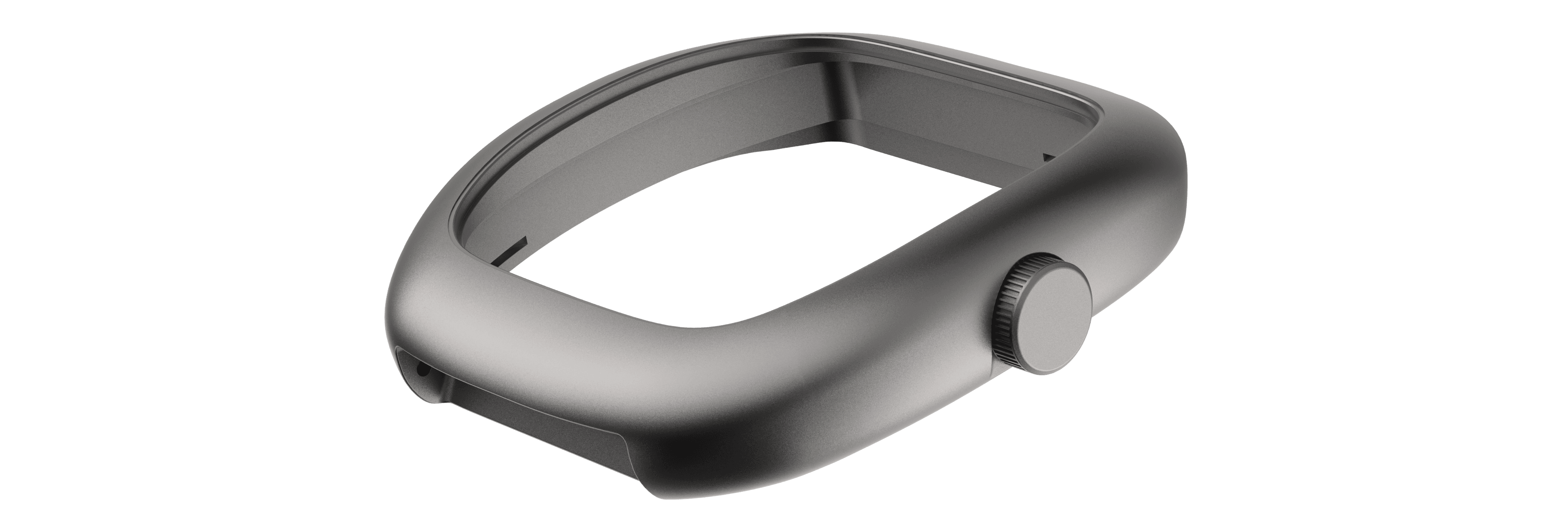 Isolated view of a hollow watch case middle in dark sandblasted titanium, shown at a three-quarter angle against a white background. The cushion-shaped case has no dial or movement installed, revealing its open interior. A knurled crown is fitted to the right side. The case shows integrated lug geometry with smooth, rounded transitions from the bezel edge down through the lugs, with a small pusher port visible on the left side. The matte finish and monolithic form emphasise the case's sculptural quality as a standalone component.