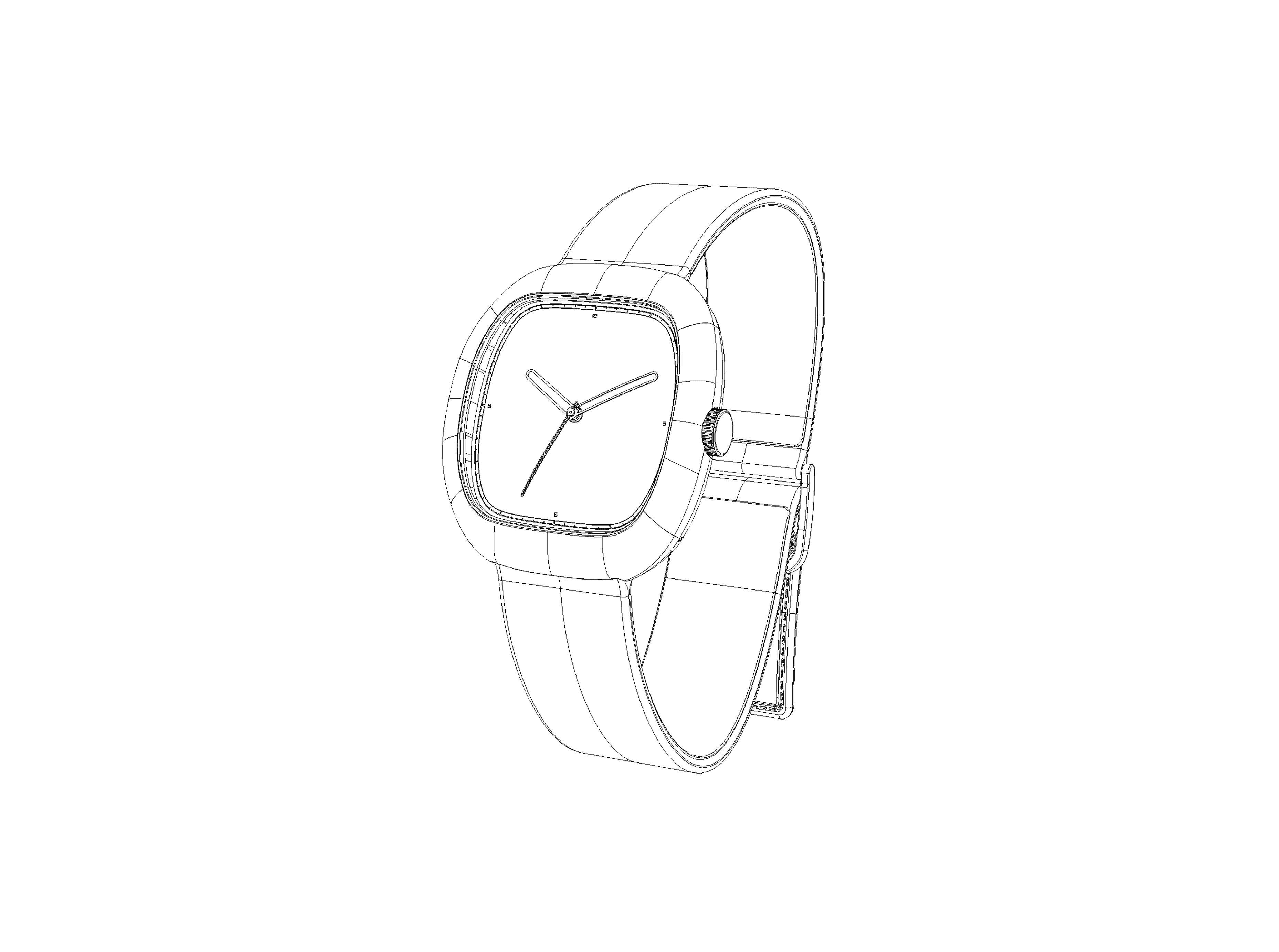 Wire-frame technical illustration of a cushion-shaped wristwatch shown in three-quarter perspective against a light grey background. The line drawing reveals the watch's surface geometry and construction topology, including the domed crystal, integrated lug-to-strap transition, knurled crown at 3 o'clock, and folding clasp detail on the right strap. The dial shows open-loop hour and minute hands with a thin seconds hand, and numerals at 12, 3, 6, and 9. The render style references industrial design documentation, exposing the underlying 3D mesh structure of the entire watch.