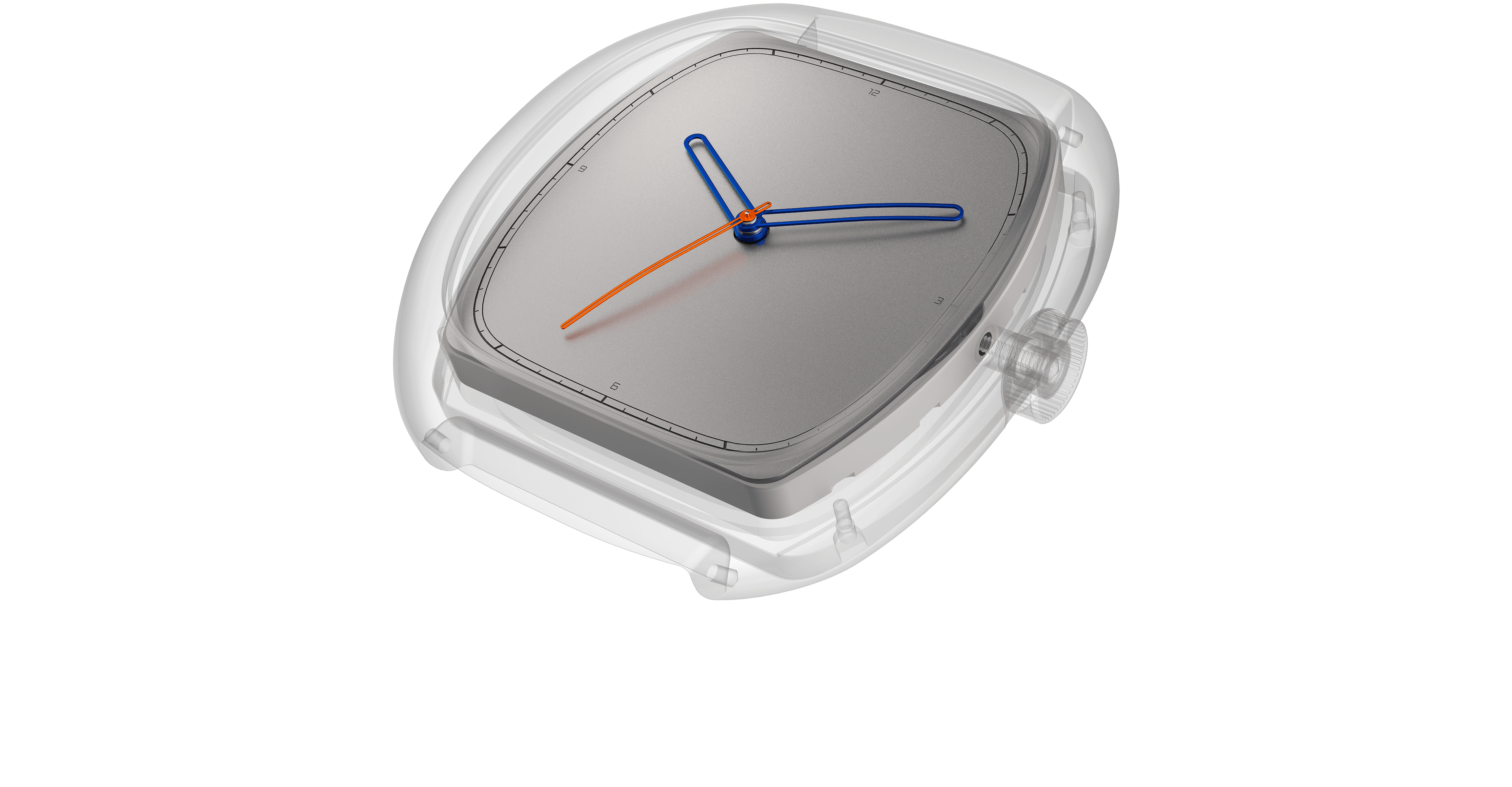 Cutaway render of a cushion-shaped watch showing the relationship between the transparent outer case and the inner titanium dial. The see-through case reveals the sealed air gap between the crystal and dial surface, illustrating the watch's water resistance construction. The matte grey dial features open-loop blue hour and minute hands with an orange seconds hand, set against a minimalist minute track with numerals at 12, 3, 6, and 9. The transparent knurled crown is visible on the right side. White background.