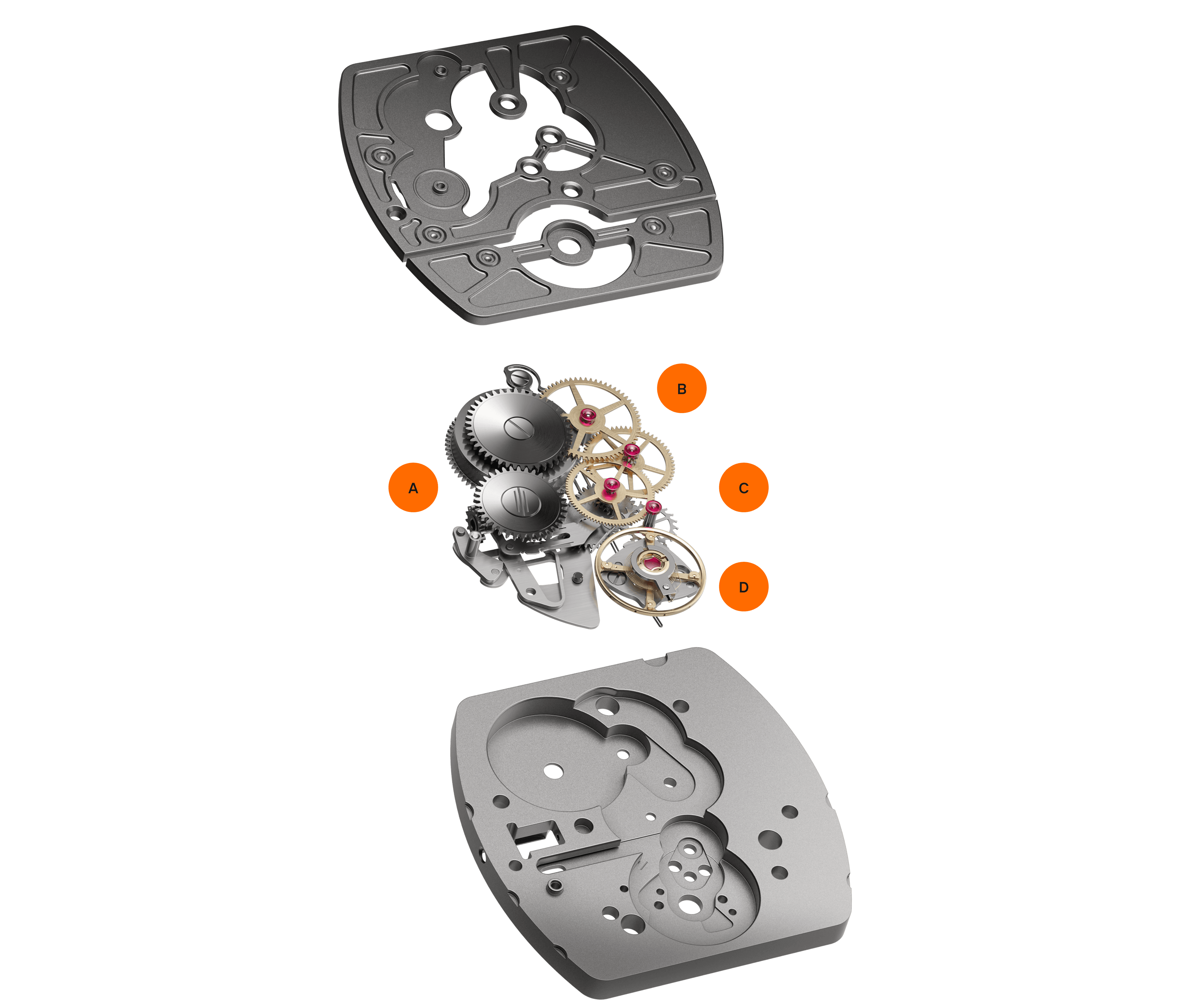 Exploded diagram of a mechanical watch movement showing three layers separated vertically. The top layer is a dark titanium bridge plate with cutouts and recesses. The middle layer displays the gear train assembly with four components labeled A through D in orange: A indicates the barrel and mainspring assembly, B the large gold escape wheel, C the gear train stack with ruby jewel bearings, and D the balance wheel. The bottom layer is the main movement plate in light grey with machined cavities for housing each component. White background.