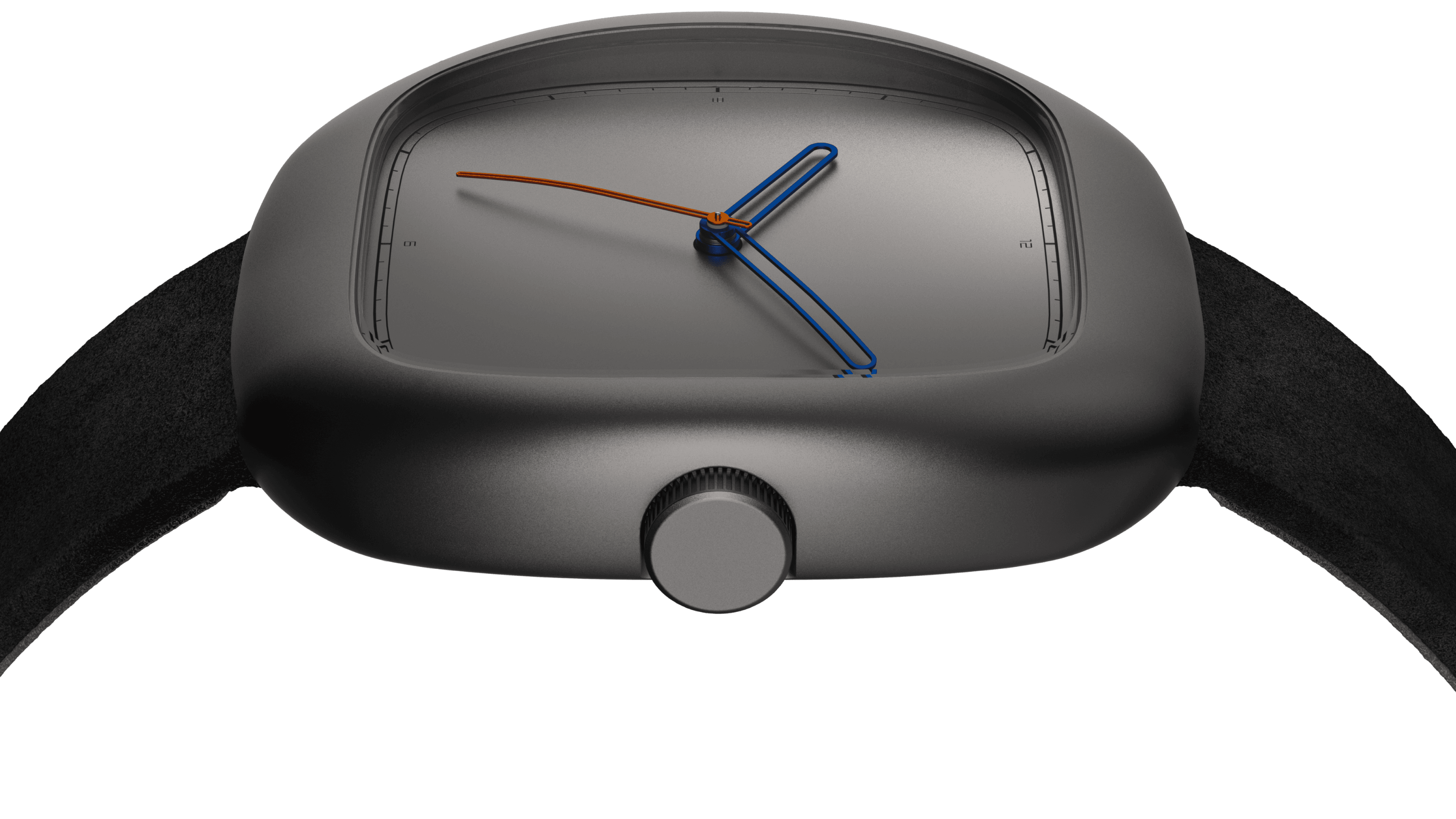 Close-up front view of a cushion-shaped titanium watch shot straight on against a white background, with the black suede strap extending to both edges of the frame. The wide, domed case emphasises the deep curvature of the bezel and the subtle concavity of the matte grey dial. The open-loop blue hands and slim orange seconds hand cast soft shadows across the dial surface.